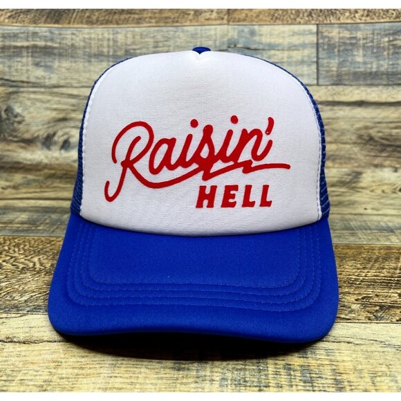 Raisin' Hell Unisex Trucker Hat Blue Snapback Country Western Era Cowgirl Cap - Picture 1 of 7